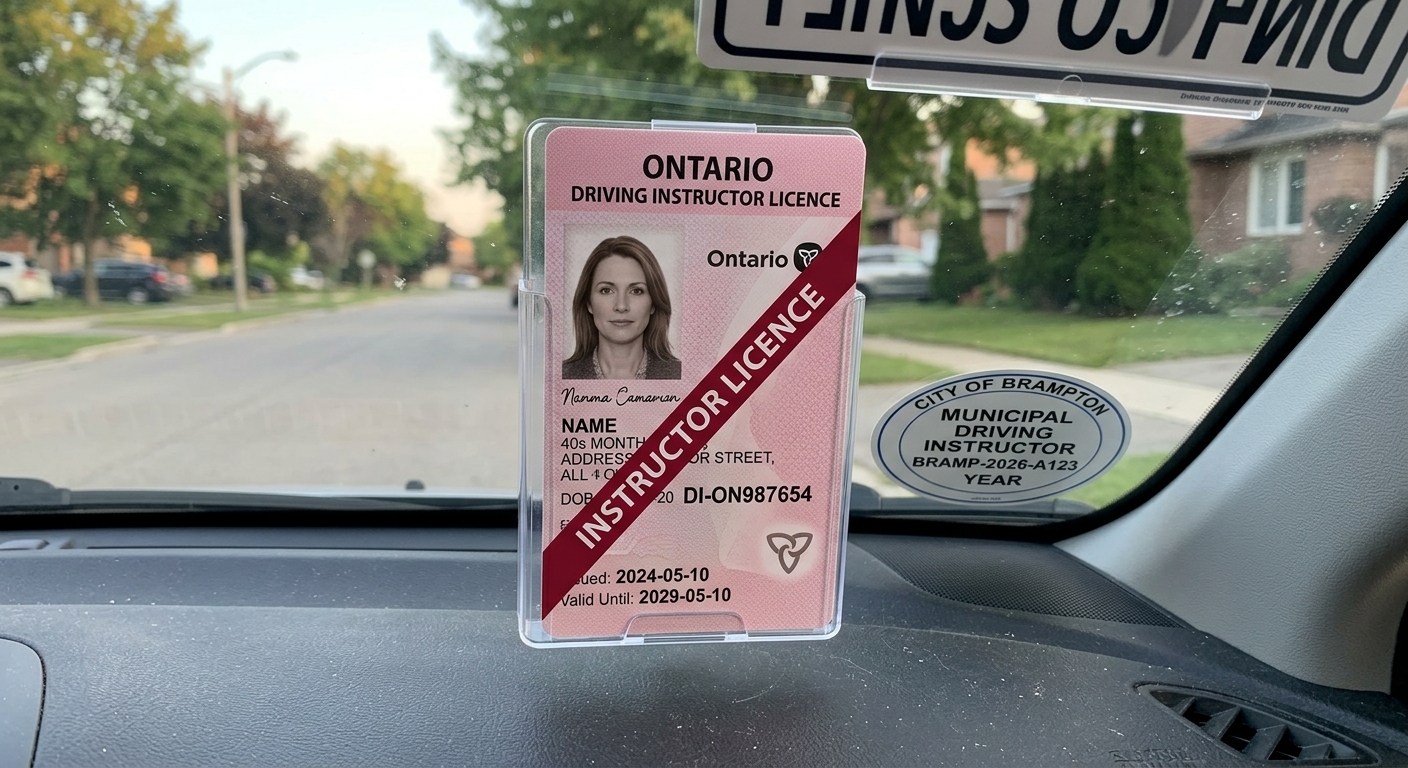 Driving instructor and learner during a driving lesson in Brampton