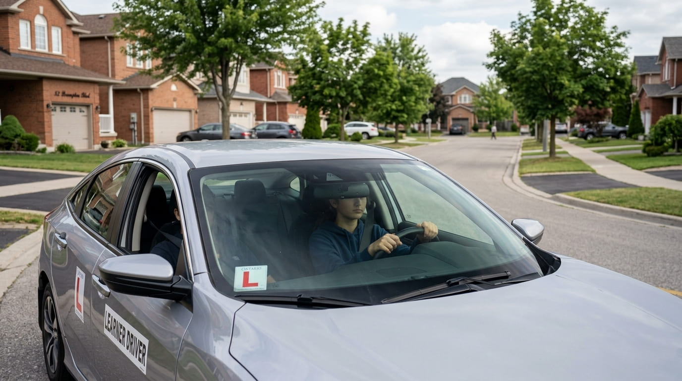 A student driver practicing behind the wheel on a quiet residential street in Brampton, Ontario.