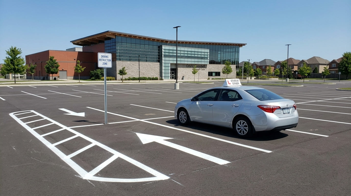 An empty municipal community centre parking lot in Brampton marked as a student driving practice area.