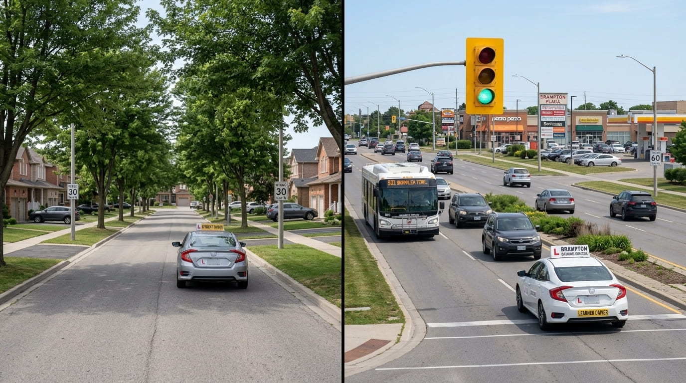 A visual contrast comparing a quiet Brampton neighborhood street against a busier multi-lane arterial road for driving practice.