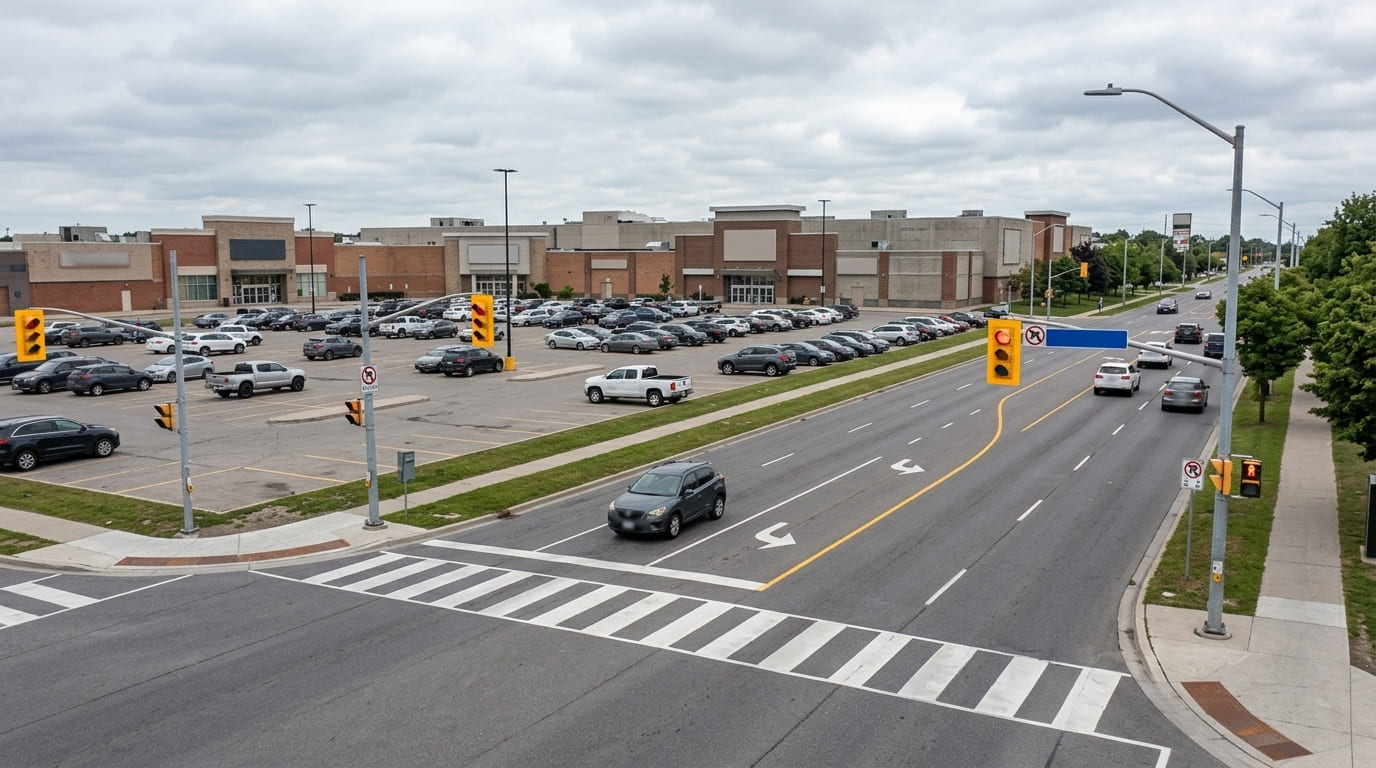 A multi-lane suburban road environment near a shopping plaza, simulating driving conditions around the Brampton DriveTest Centre.