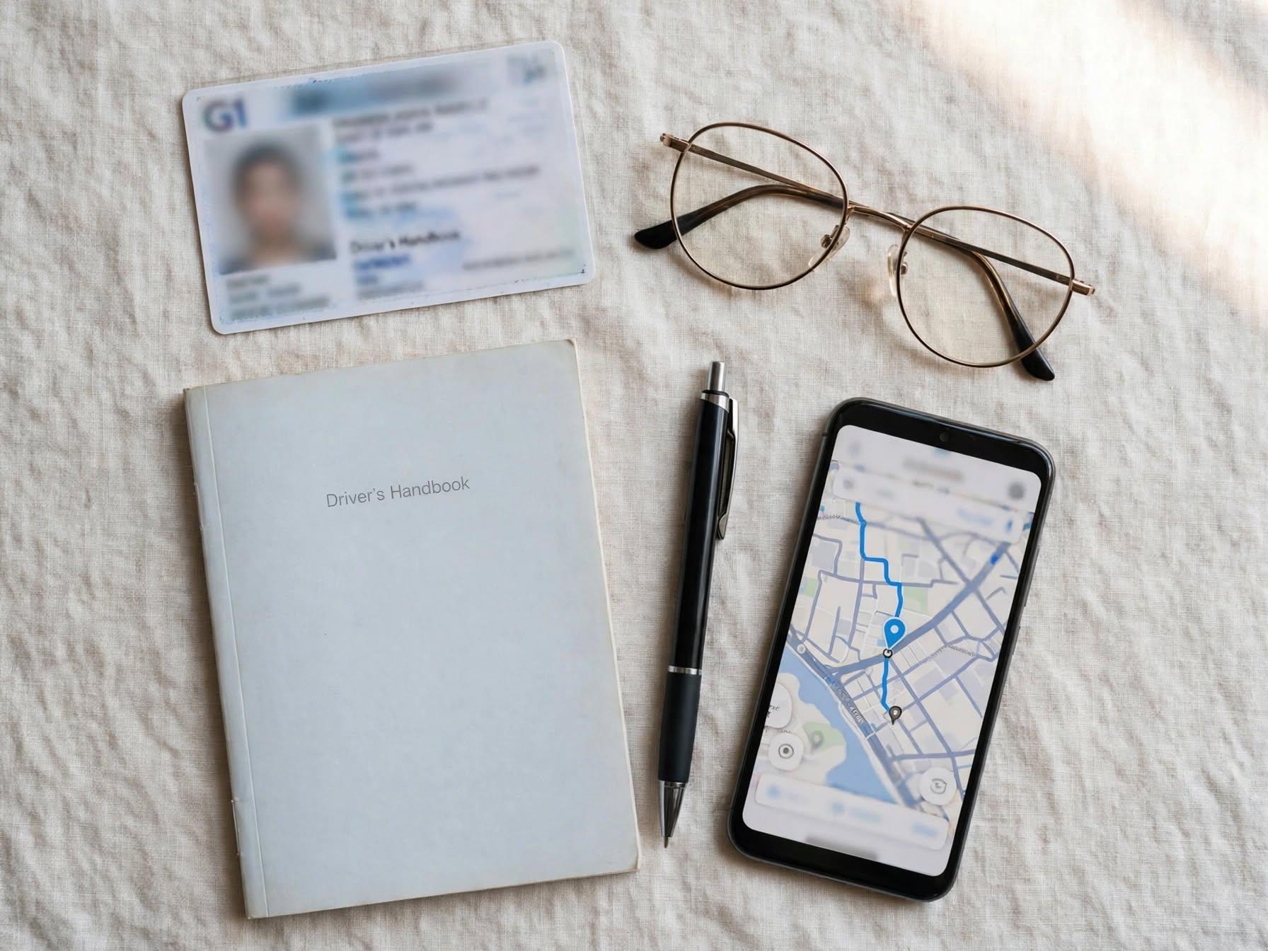 ID, glasses and driver’s handbook laid out as a checklist for the G1 test in Ontario