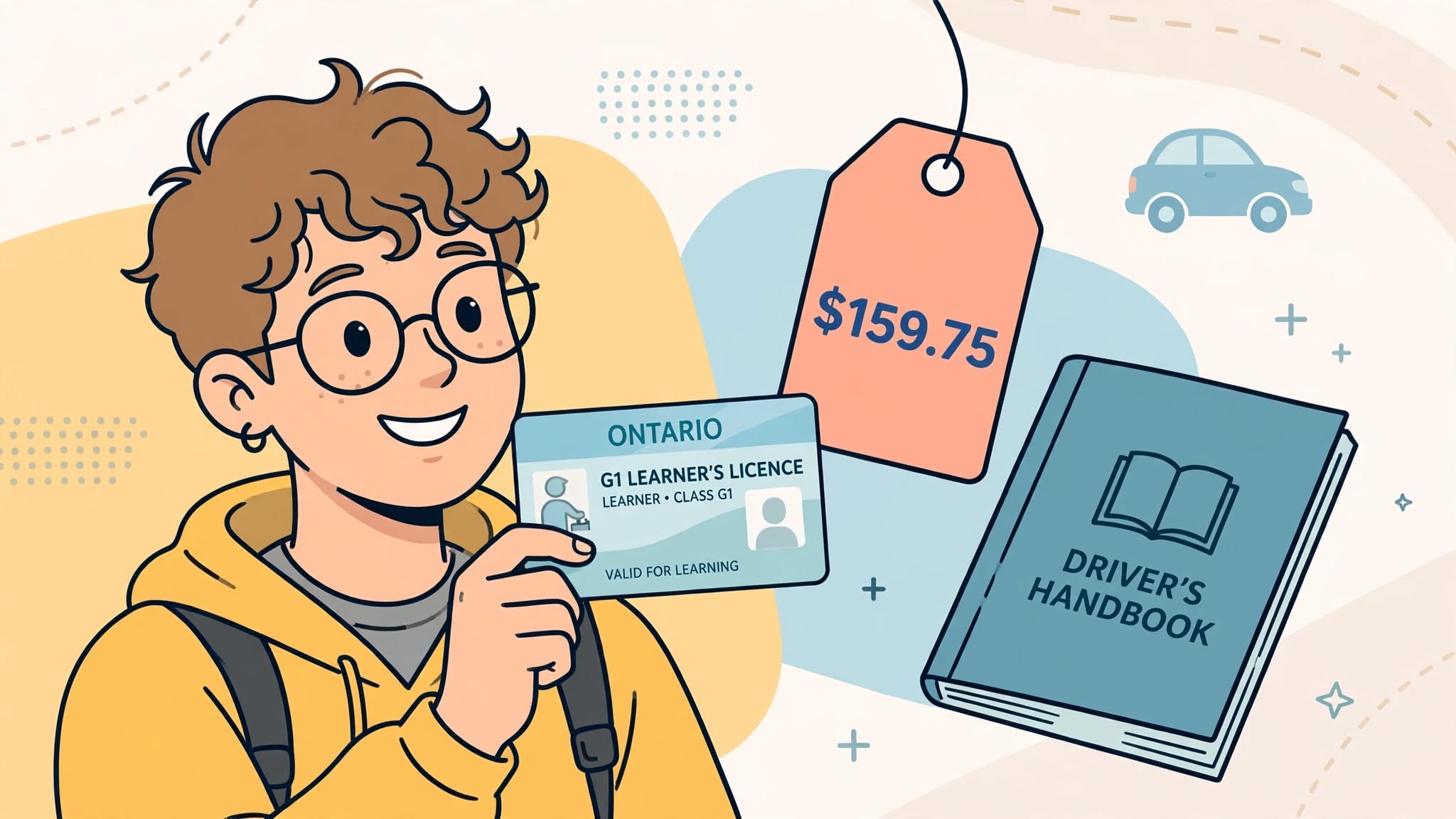 Teen holding a G1 licence next to a $159.75 price tag showing how much a G1 test costs in Ontario