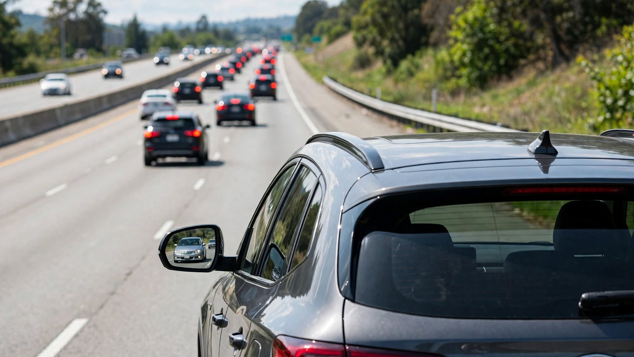 Driver merging onto a highway and checking the mirror, safety tips for G2 drivers in Brampton